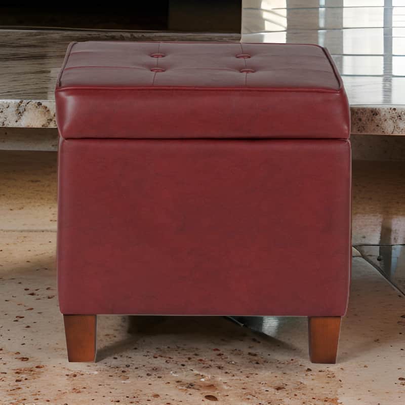 Square Shape Leatherette Upholstered Wooden Ottoman with Tufted Lift Off Lid Storage, Red