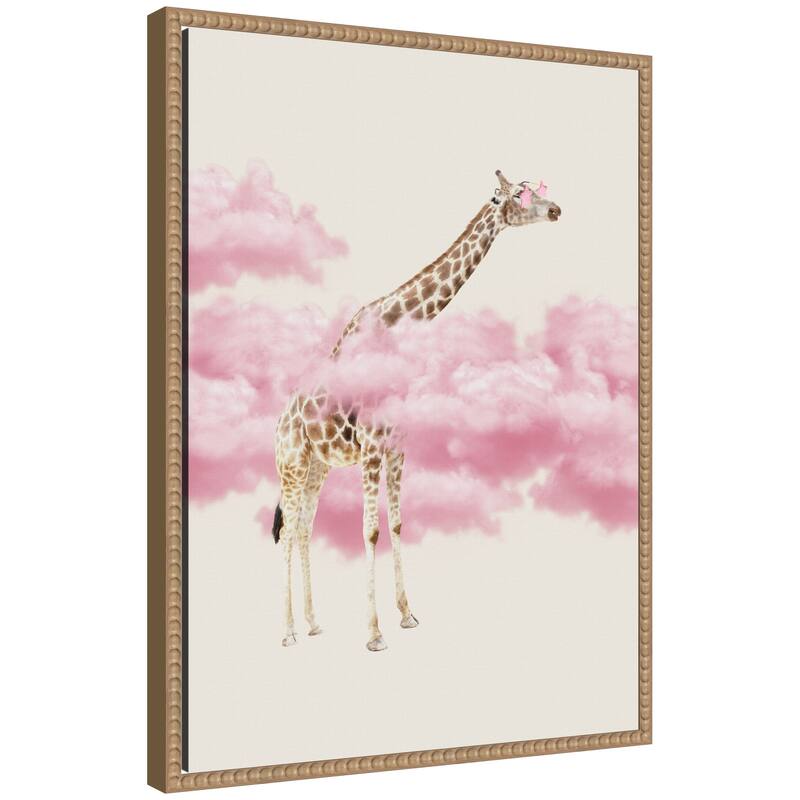 Kate and Laurel Sylvie Giraffe In Pink Clouds Framed Canvas by July Art Prints - 18x24