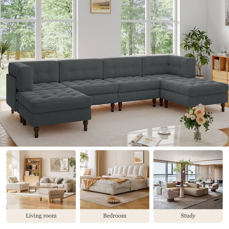 130"W Corduroy Upholstered Modular Sectional Sofa with Storage Ottoman