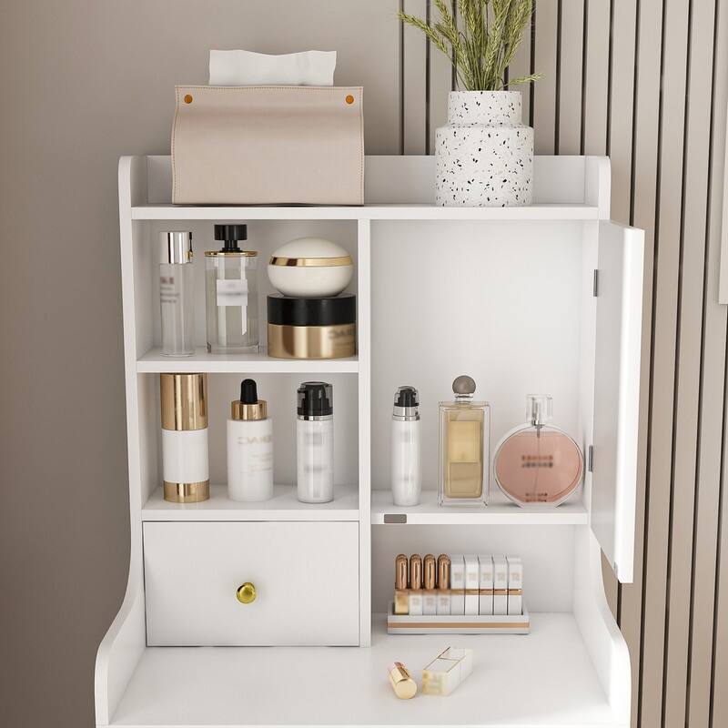 3 in 1 LED Makeup Vanity with Stool, Compact Dressing Table, 4 Drawers and Hidden Storage, White