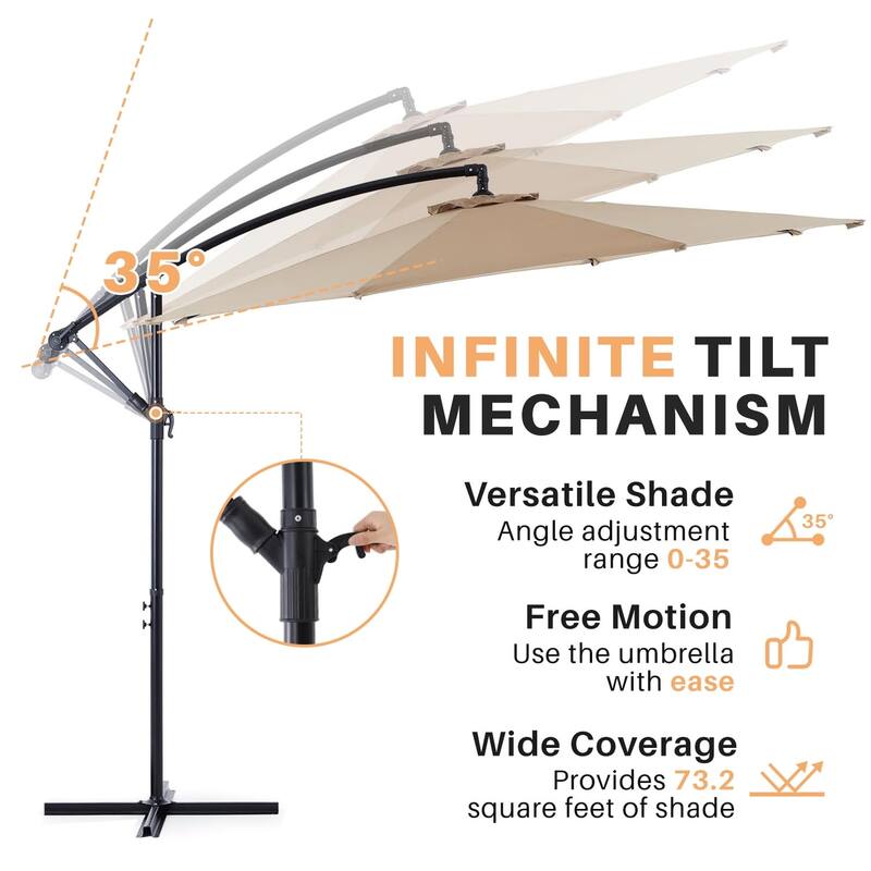 10FT Offset Patio Umbrella, Cantilever Outdoor Umbrellas Easy Tilt Adjustment, 73.2 Sq Ft UV Protection Hanging Market Umbrella