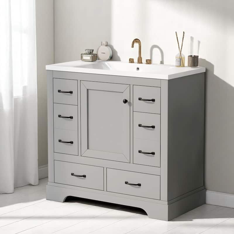 36" Freestanding Bathroom Vanity with Ceramic Sink, 6 Drawers, Soft Close Cabinet, Solid Wood and MDF Construction - Grey