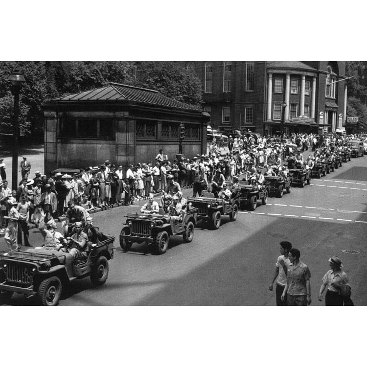Army Jeeps ride down Tremont Street Black and White Gallery Wrapped Canvas
