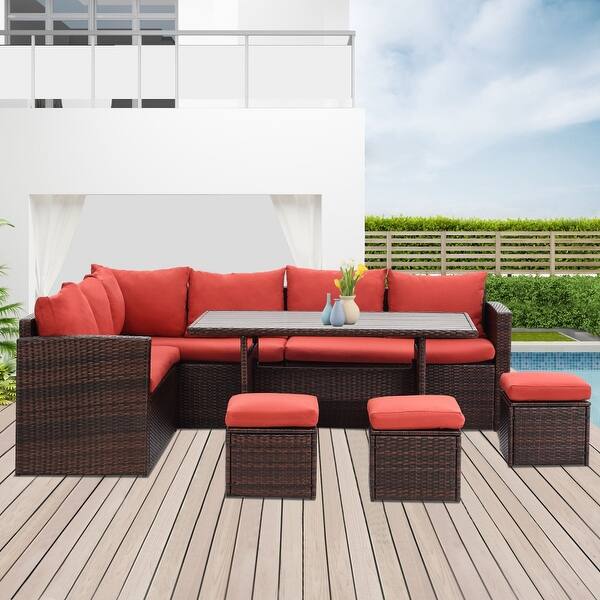 7Pieces Outdoor Wicker Sofa Couche Set with Stools & Table Bed Bath