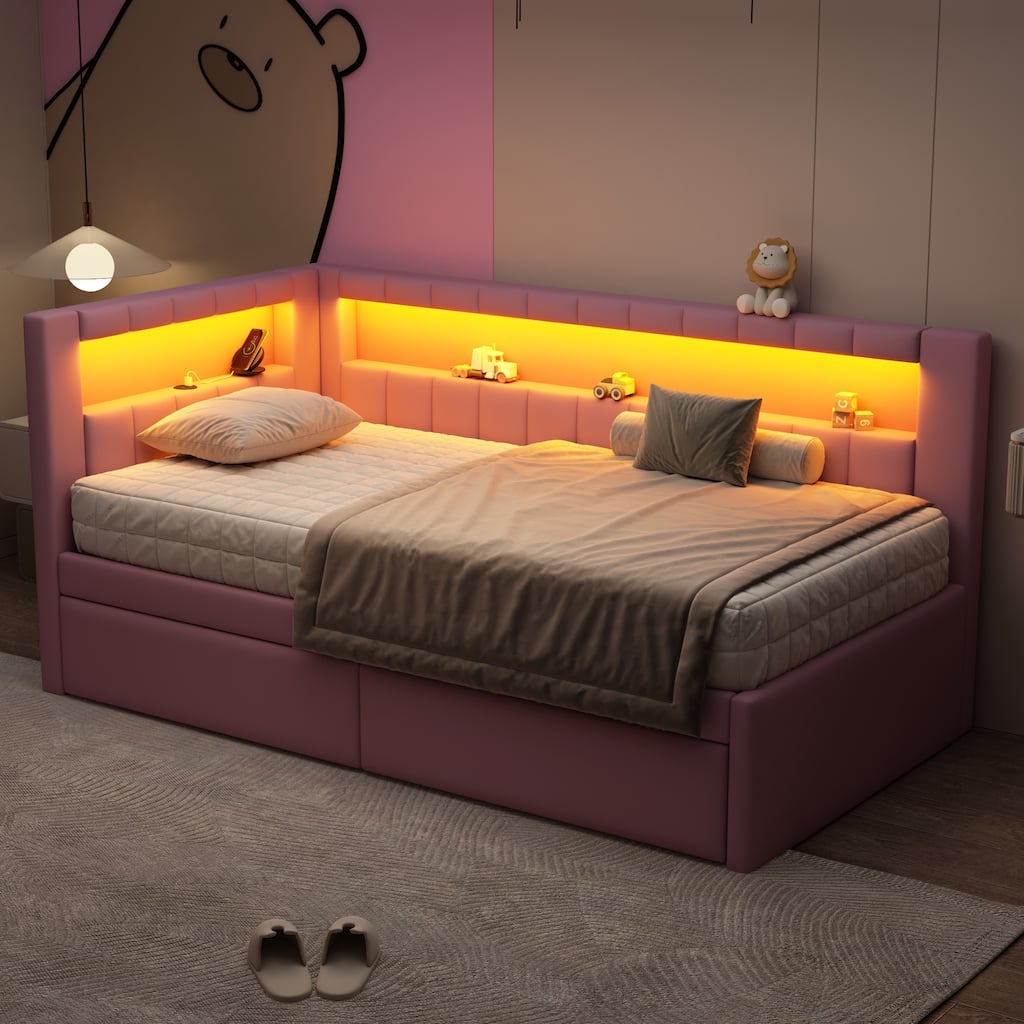Twin Size Platform Bed with USB Ports, LED Lighting, and 2 Drawers in Pink