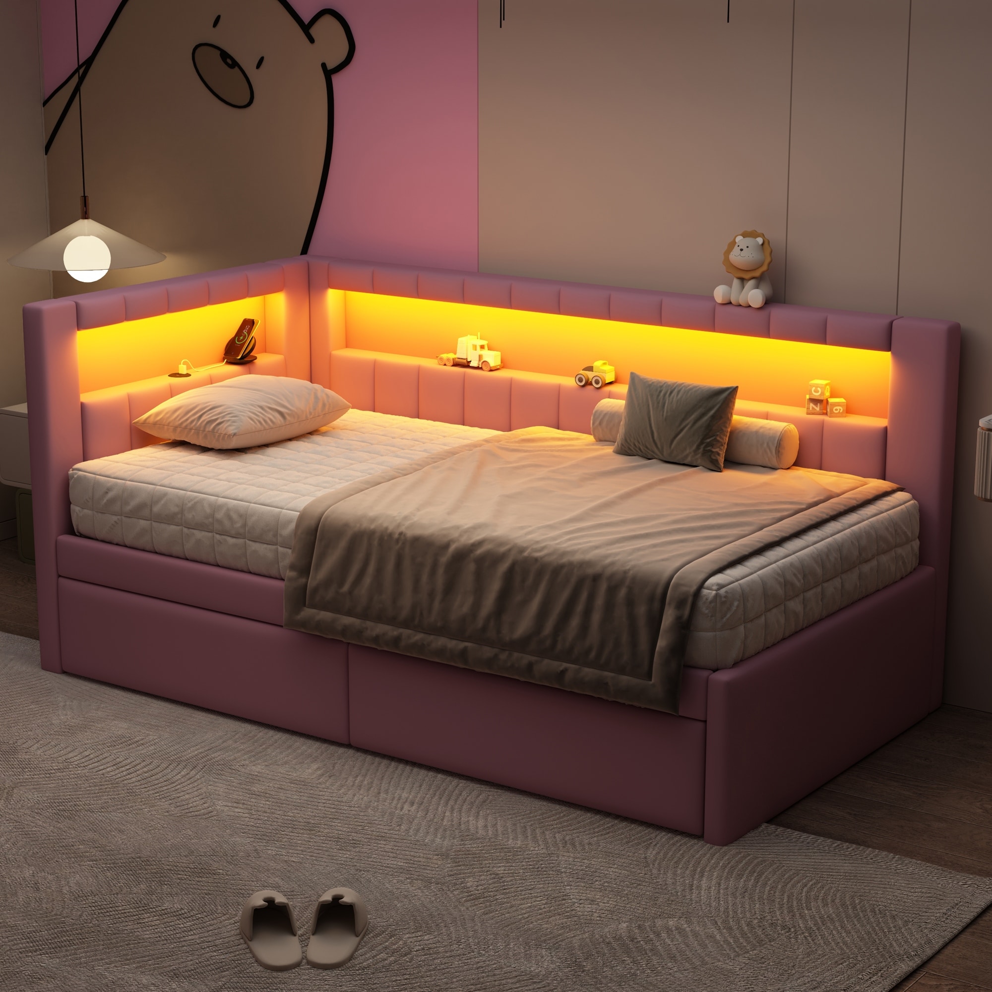 Upholstered Twin Size Platform Bed with USB Ports and LED Belt