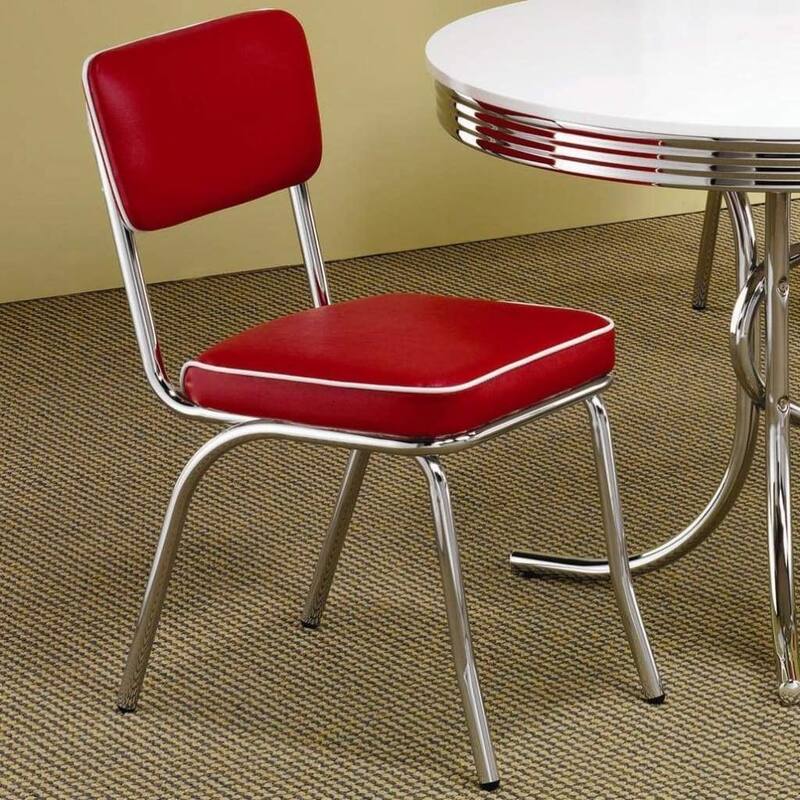 Leather Upholstered Metallic Retro Dining Side Chair, Set of 2 - 32.5 H x 21 W x 17 L Inches - Red