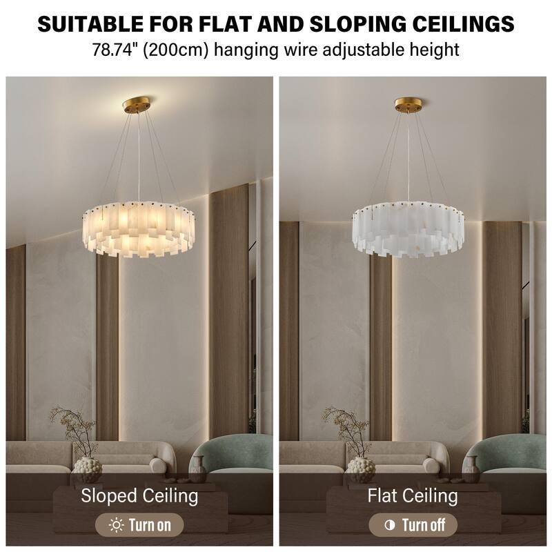 Modern Layered Alabaster Slice Chandelier, Round or Linear Pendant Light, D600-L1200 - Gold