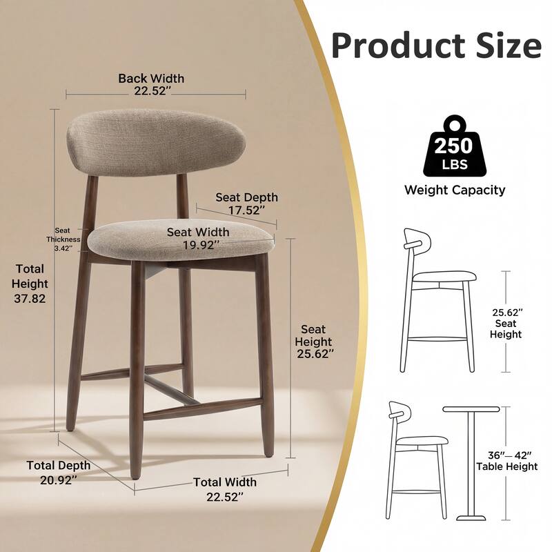 Mid-Century Modern Upholstered Bar Stools Counter Height Wooden Bar Chairs with Backrest Footrest