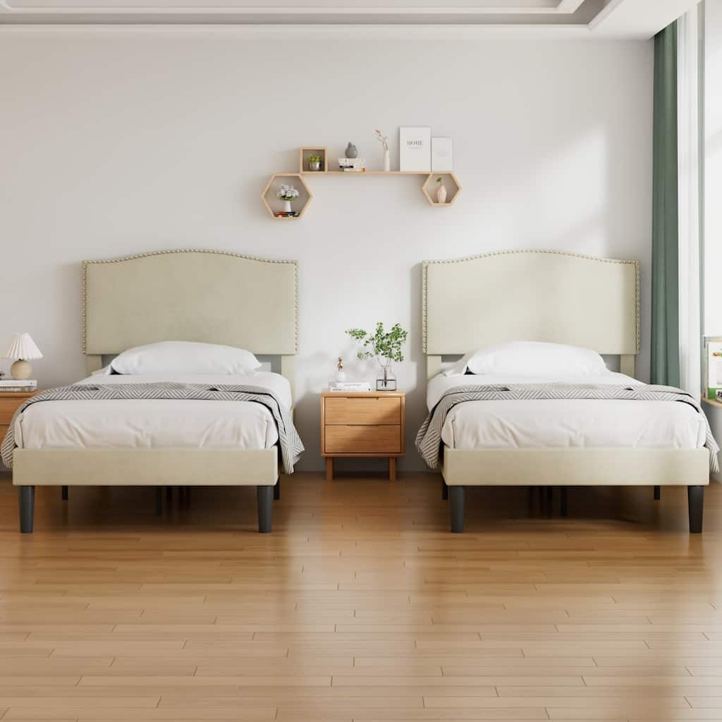 VCCELO 2-Pack Twin Size Bed Frame with Adjustable Headboard Noise-Free Twin Size Bed Set of 2 for Kids Room Dorm Apartments