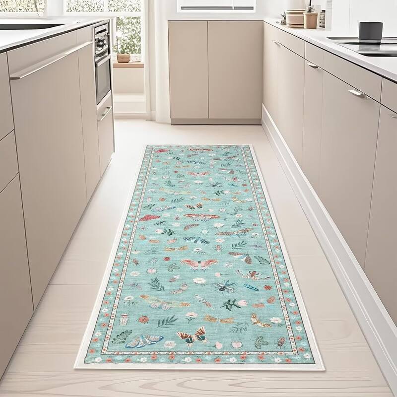 Floral Insect Print Washable Area Rugs for Living Room, Modern Non Slip Low Pile Area Rug