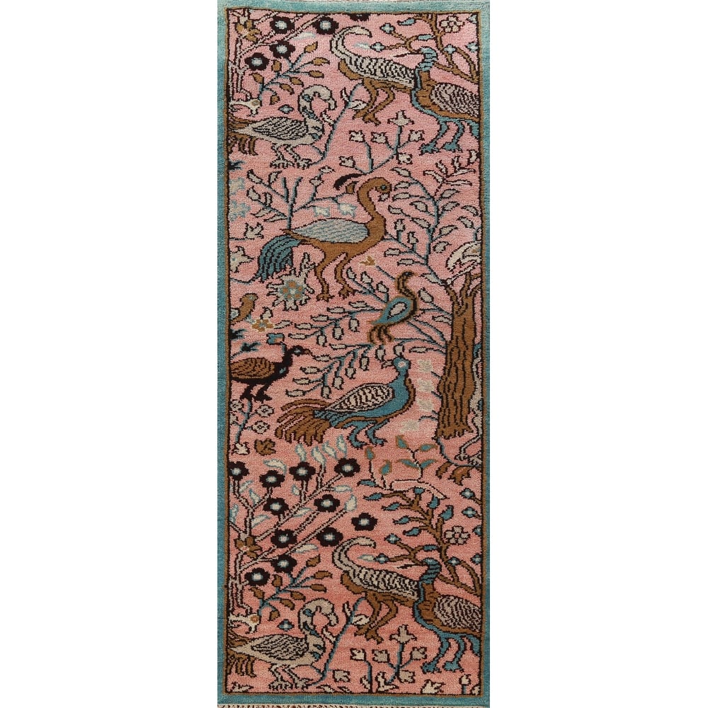 Pink Animals Ziegler Indian Runner Rug Handmade Wool Carpet - 2'7" x 8'0"