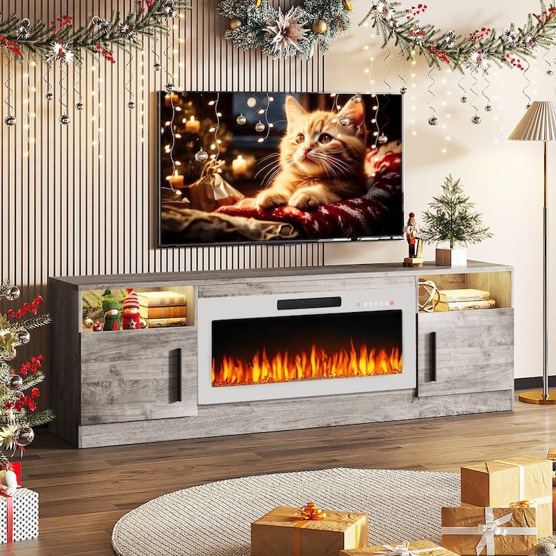 Bossin 70" Fireplace TV Stand with 36" Electric Fireplace, TV Stand for TVs Up to 80", 16 Colors LED Lights/Entertainment Center