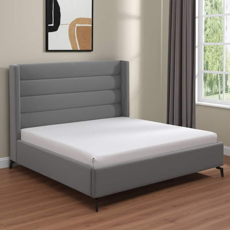 HomeRoots Green Velvet Upholstered Full Bed Frame - King - Gray