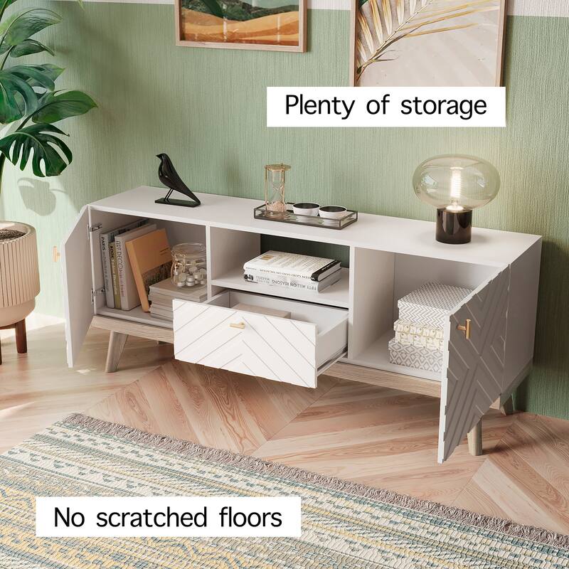 Living Skog Alba Beige TV Stand Console with Drawer Fits TV's up to 65 in. with Wood Legs Mid Century Modern Design