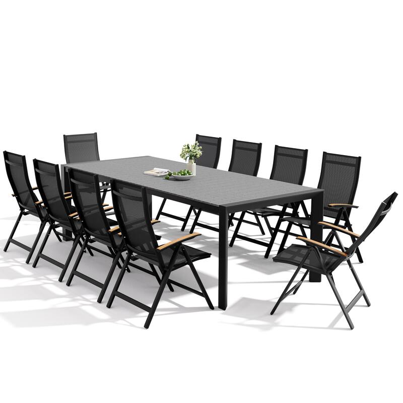 Set of 11 Outdoor Patio Dining Set WoodLike Table Top Aluminum Rectangular Umbrella Hole Table with Folding Teak Armrest Chairs