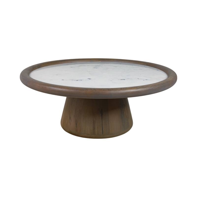Mango Wood Marble Accent Table Round Drum Base Sculptural Design
