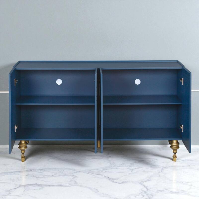 Modern Fluted Sideboard Buffet with Adjustable Shelves, Gold Base & 4 Doors for Kitchen or Dining Room