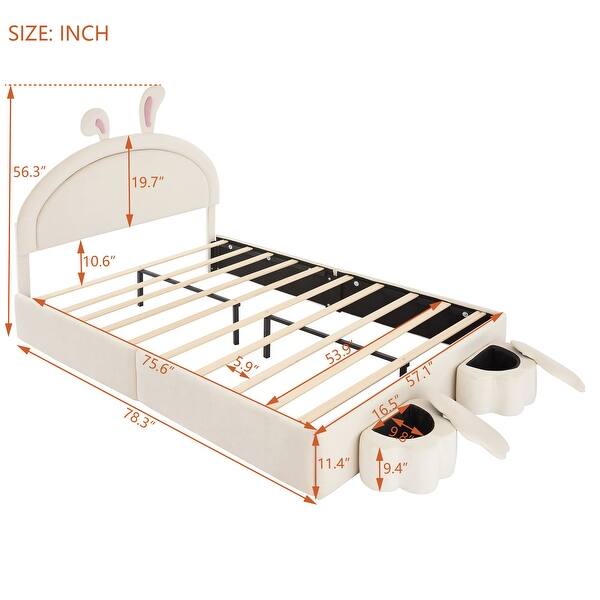 dimension image slide 3 of 4, Velvet Upholstered Rabbit-Shape Princess Bed, Cute Platform Bed w2 Storage Stools & Headboard & Footboard for Kids