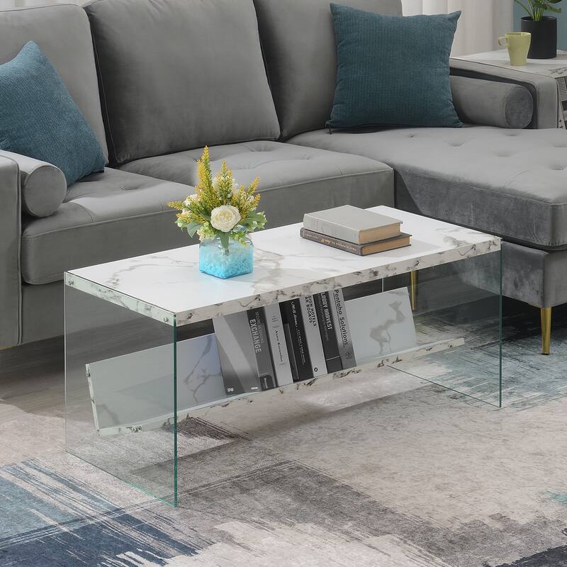 Convenience Concepts SoHo Glass Coffee Table with Shelf - White Faux Marble/Glass
