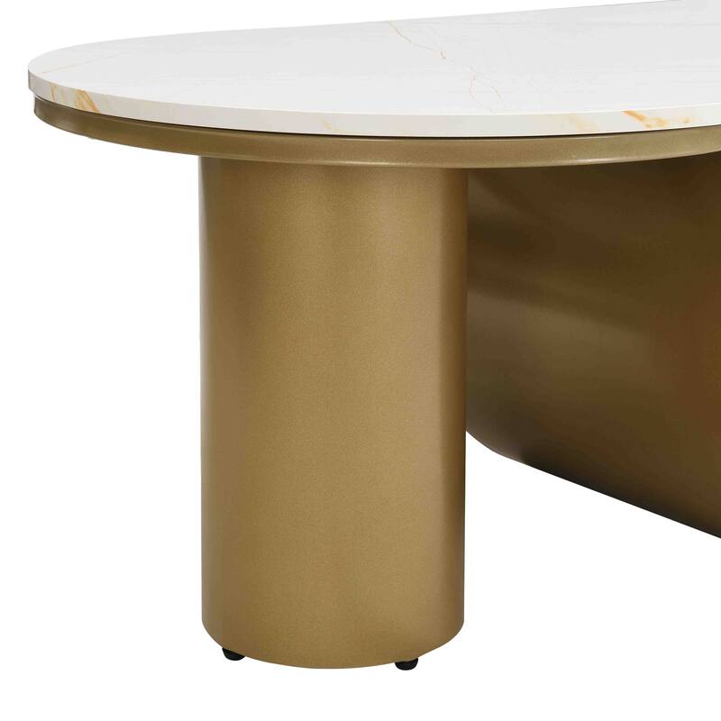 Luxury Oval Coffee Table 47.24 Inch Coffee Table White Metal Coffee Table with Storage Drawer and Shelf, for Living Room