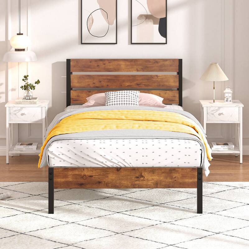 3-Pieces Bed Frame with Wood Headboard and Modern Nightstands Set of 2 - White Nightstands - Twin