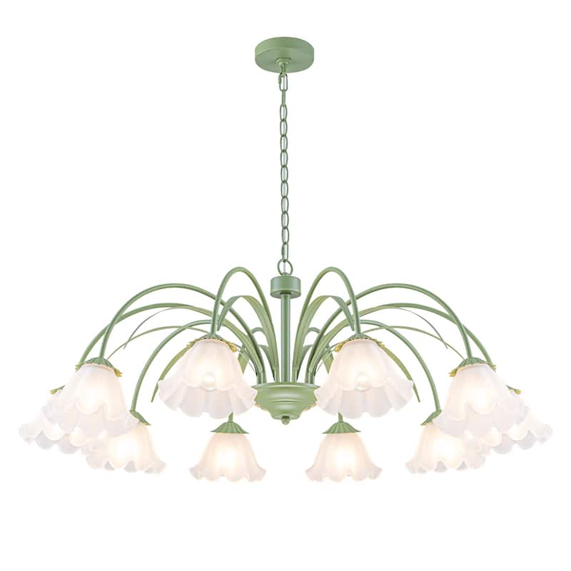 Botanical Green Chandelier with Floral Frosted Glass Shades