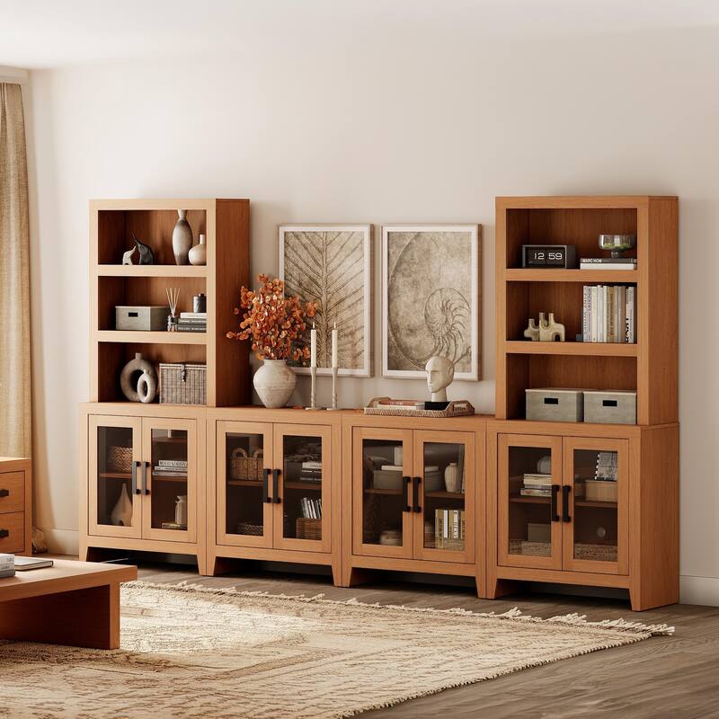 WAMPAT Farmhouse Entertainment Center with Bookshelves, Modular TV Stand with Storage Cabinets & Glass Doors