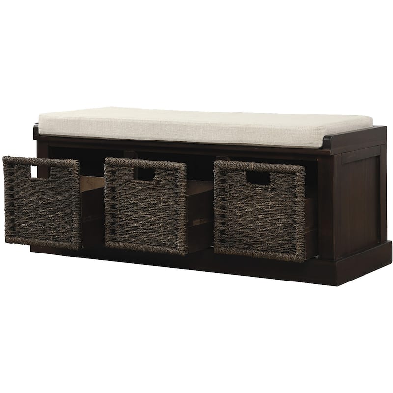 Rustic Storage Bench with 3 Removable Rattan Baskets and Cushion, Entryway Bench with MDF Frame, No Assembly Required
