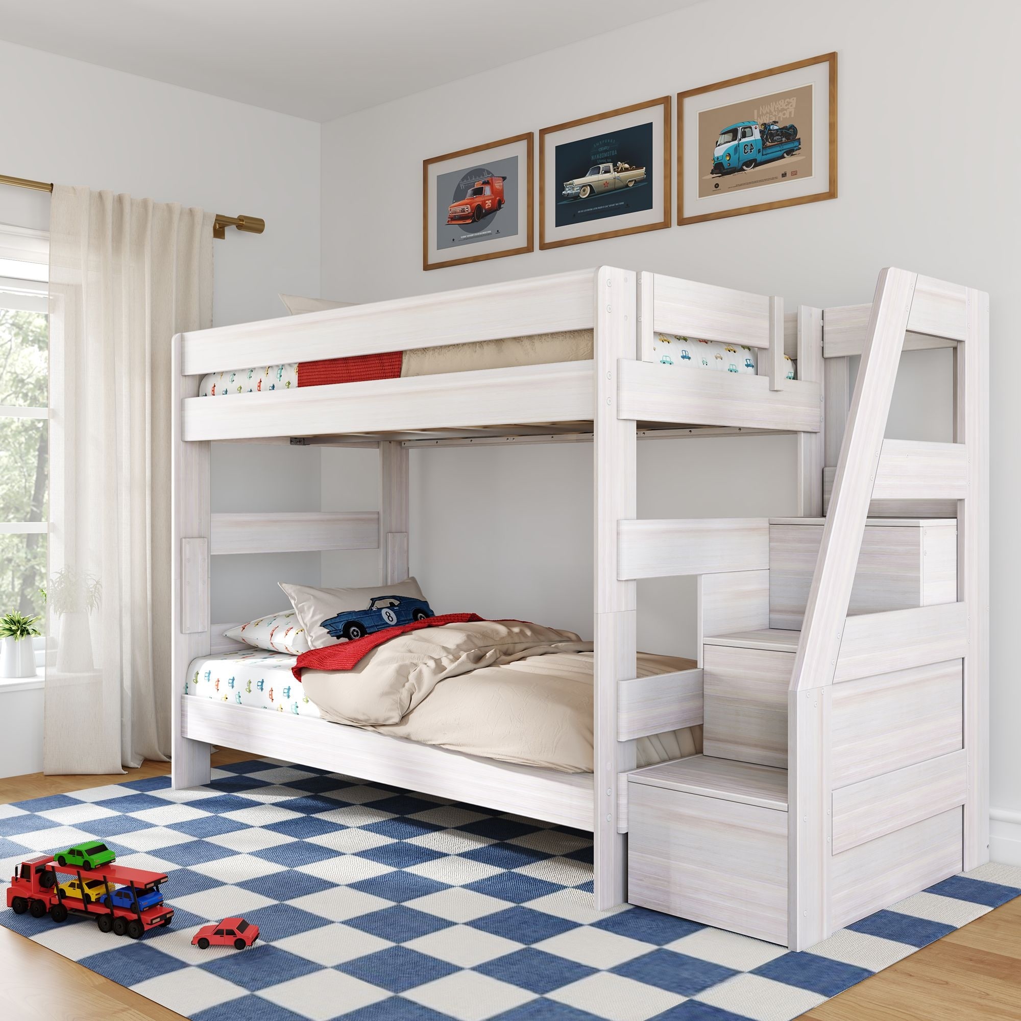 Max and Lily Modern Farmhouse Twin Over Twin Bunk Bed With Staircase