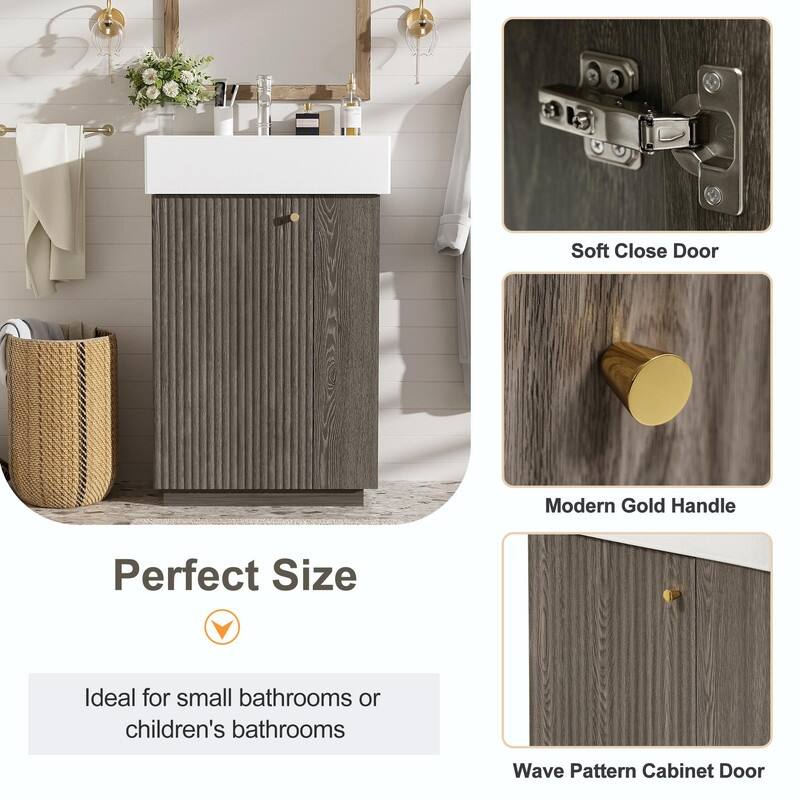 21.6" Bathroom Vanity with Ceramic Sink, Freestanding Modern Wood Grain Cabinet with Open & Closed Storage