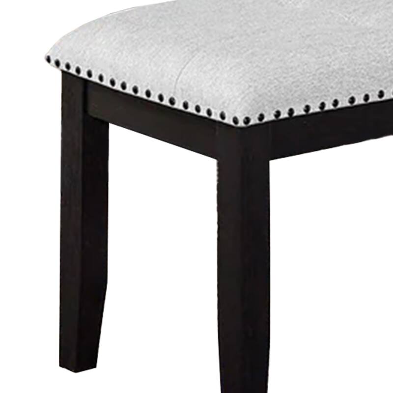 Amber Dining Bench, Gray Fabric Seat w Nailheads, Black Wood, 48 Inch