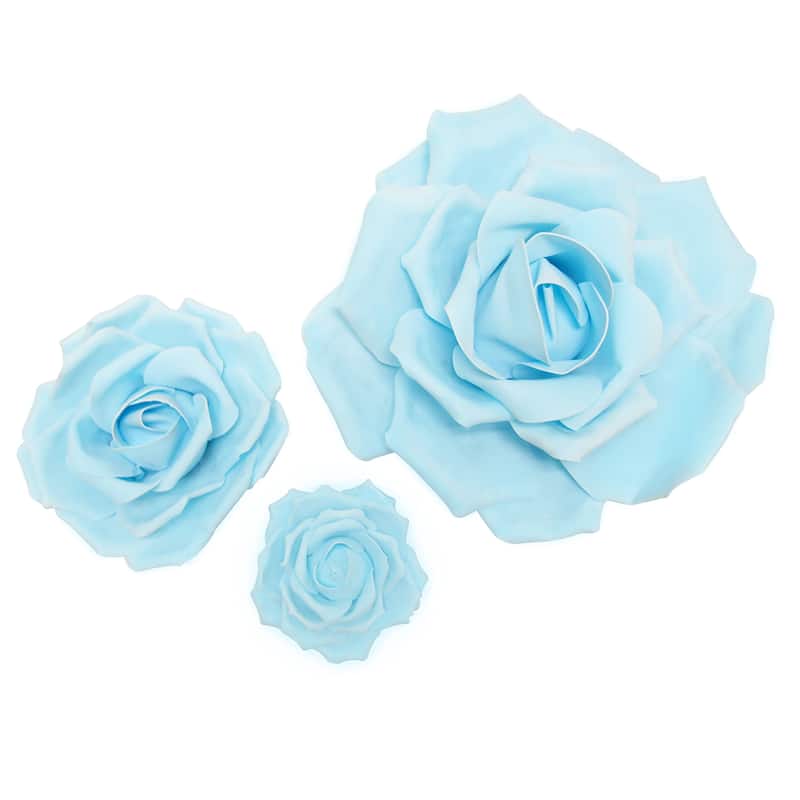 Set of 3 Large Foam Rose Flower Wall Decor Backdrop Art Crafts - 16" / 10" / 6" D - Light Blue
