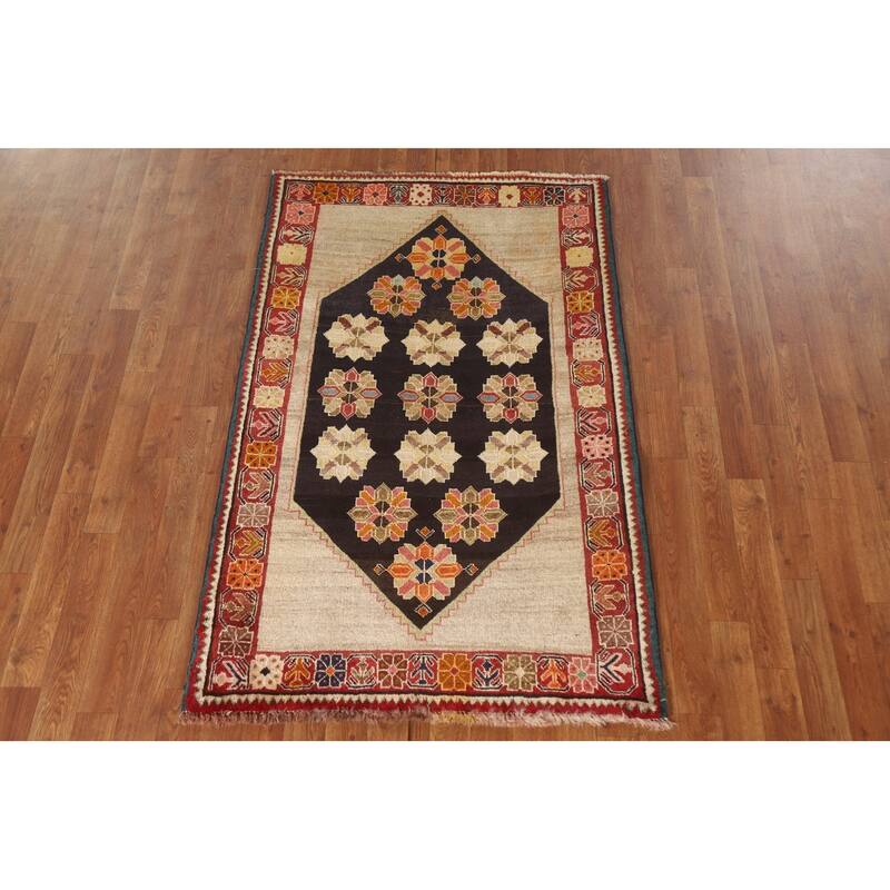 Geometric Black Shiraz Persian Vintage Area Rug Handmade Wool Carpet - 3'2"x 5'2"