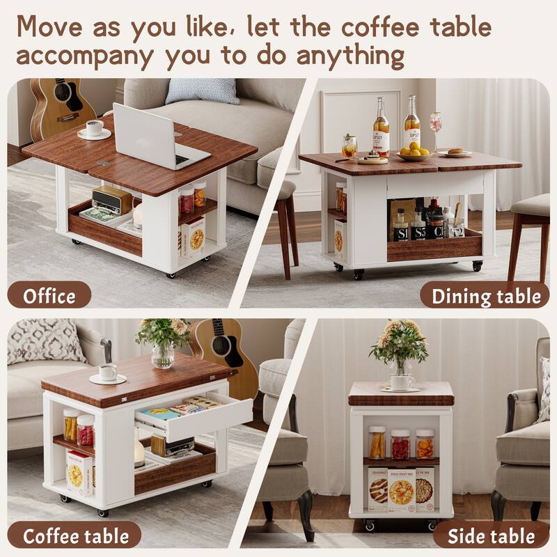 27.6" Modern Coffee Table with Foldable Top & Casters, Multi-Tier Storage Side Table for Living Room