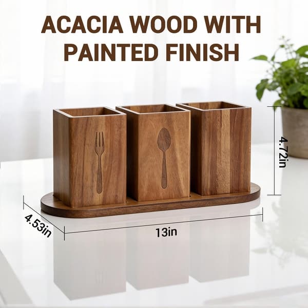 Acacia Wood Utensil Holder 13 x 4.5 x 4.7 in 3-Section Countertop Caddy with Bottom Tray Kitchen Organizer - 13 x 4.5 x 4.7 in