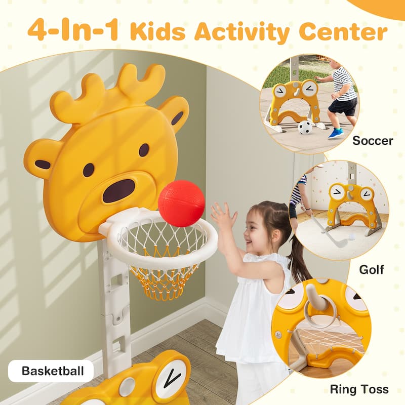 Yellow HDPE Kids Basketball Hoop with Adjustable Rim, Soccer and Golf Set - 21.5" L x 20.5" W x 44.5"-59" H