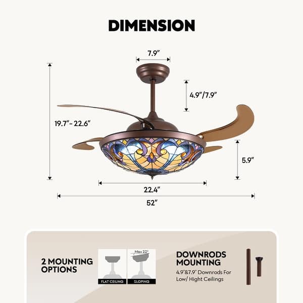 dimension image slide 2 of 4, Smart Tiffany Stained Glass Retractable Led Ceiling Fan