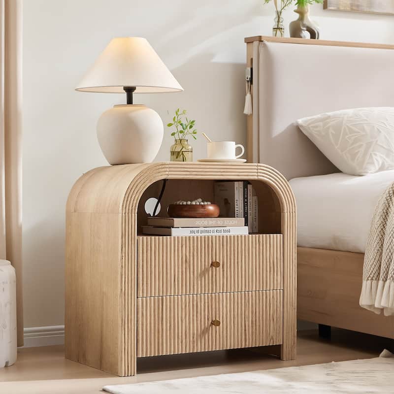 Modern Fluted Nightstand with Charging Station, Arched End Table - Natural Oak