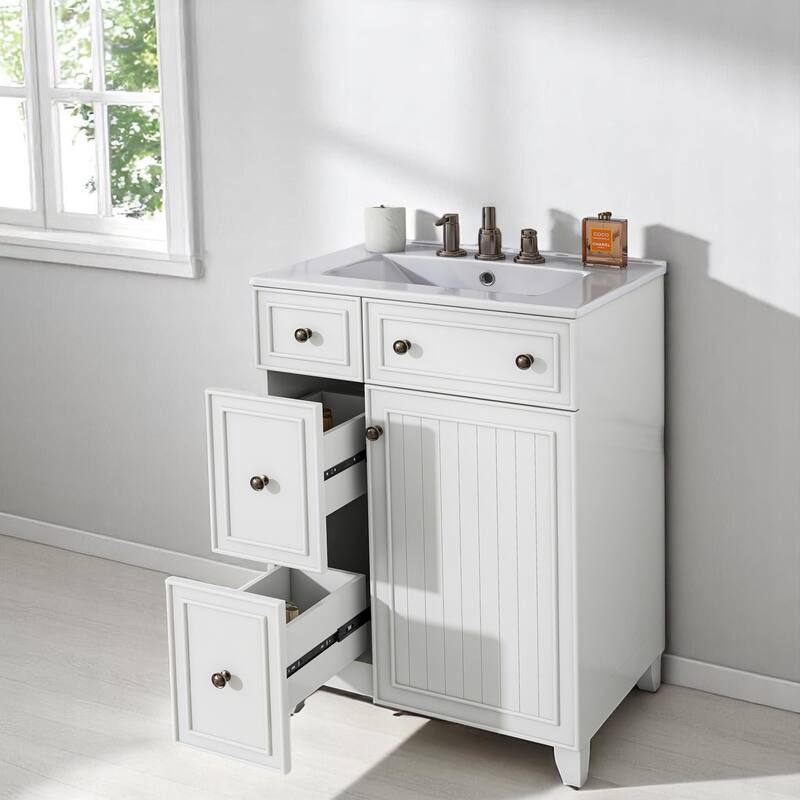 24" Bathroom Vanity with Ceramic Sink, 2 Drawers, Soft-Close Door, Freestanding Cabinet for Small Spaces, MDF and Wood