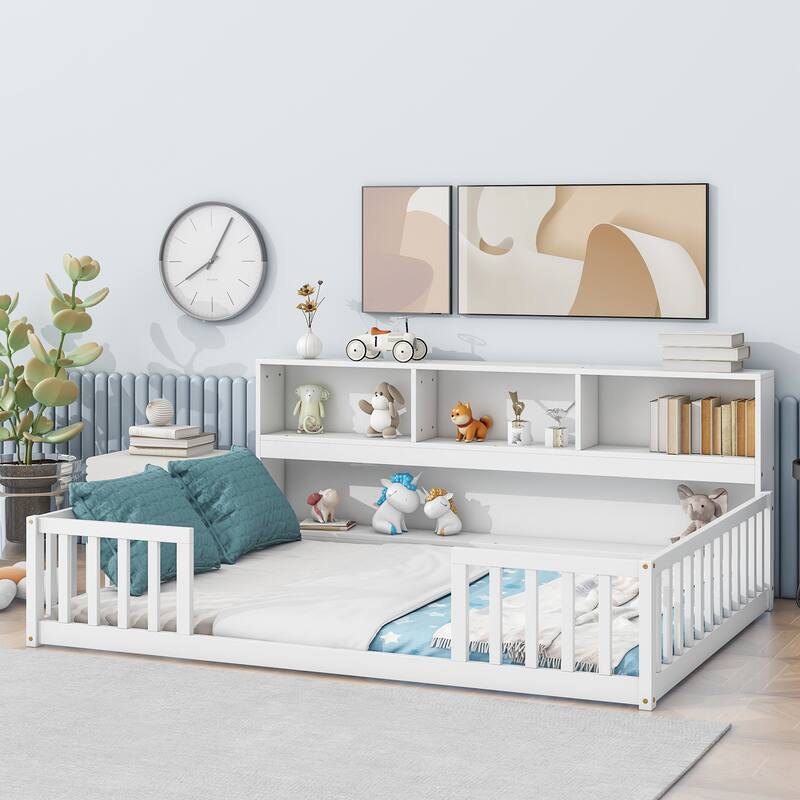 Pine Floor Bed with Bookcase & Guardrails