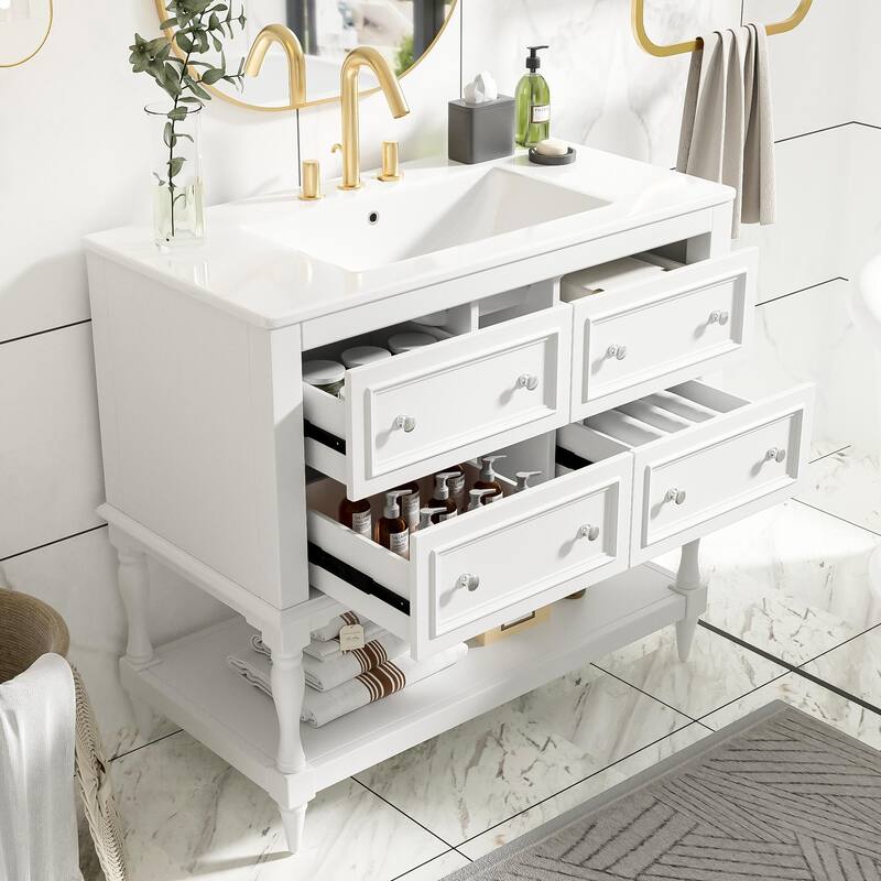 Bathroom Vanity with Ceramic Sink, Solid Wood Vanity Set with 4 Drawers, Bathroom Storage Cabinet with Open Shelf - White
