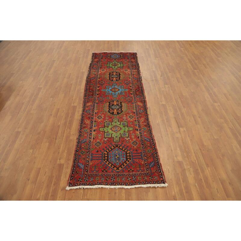 Hand Knotted Oriental 100% Wool Carpet Traditional Geometric Oranges & Rust Heriz Runner Rug - 10' 1'' X 3' 2''