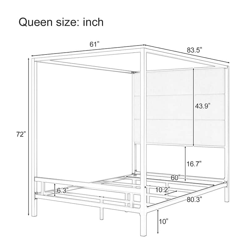 Metal Frame Canopy Bed Four Poster Bed Velvet Fabric Upholstered Headboard Wingback Bed, Modern Low Profile Platform Bed