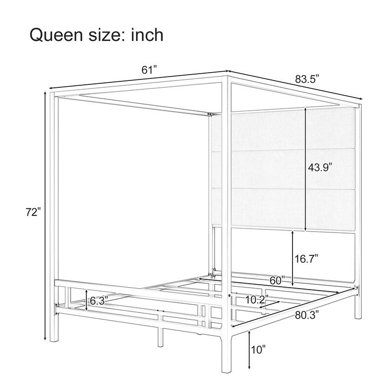 Queen/King Modern Gold Canopy Bed with Tall Linen Fabric Upholstered Headboard, Metal 4-Poster Bed Frame, Box Spring Required