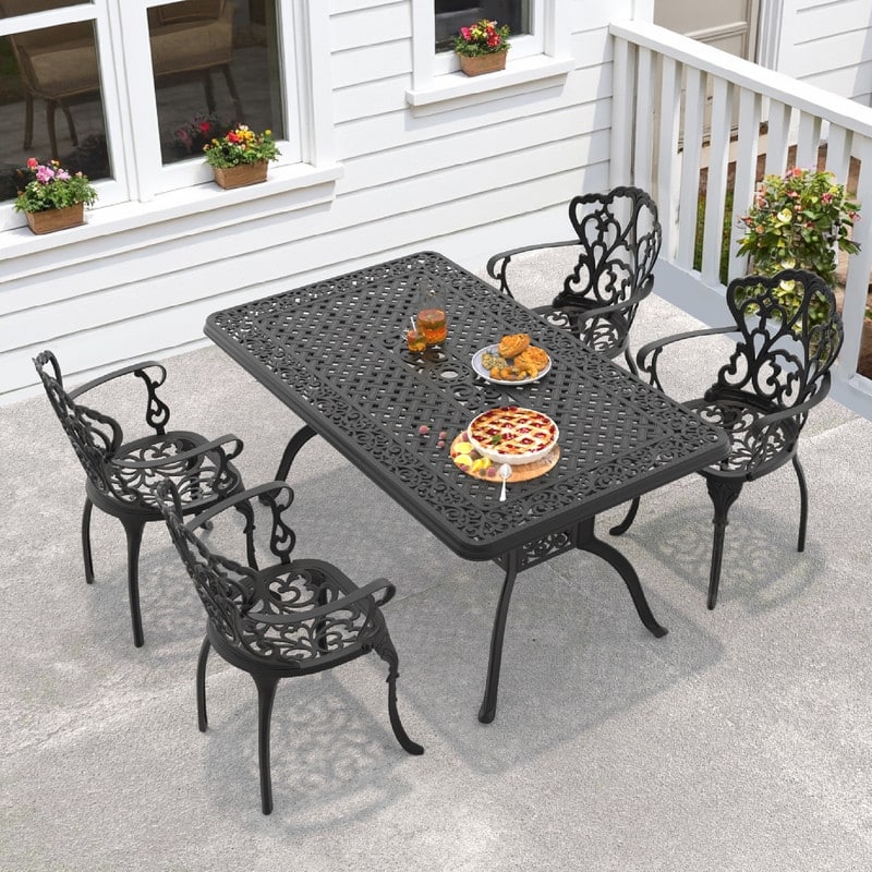 5/7-Piece Cast Aluminum Outdoor Dining Set with 59.06'' L X 35.43'' W Rectangular Table and Seat Cushions