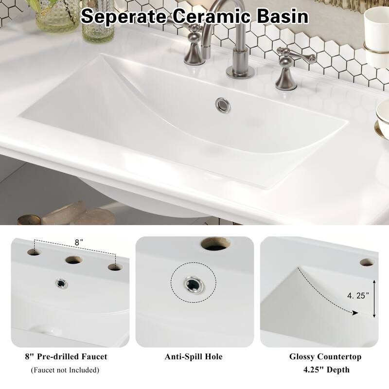 36" Bathroom Vanity with Ceramic Sink, Bathroom Vanity with Adjustable Shelf and Open Shelf, with Solid Wood Legs