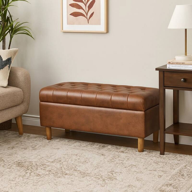 Sol Storage Bench Ottoman, Brown Faux Leather and Hardwood, 36 Inch
