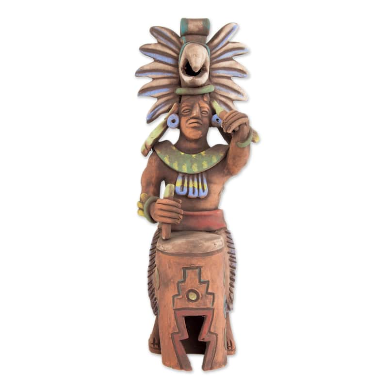 Handmade Aztec Huehuetl Drummer Ceramic sculpture (Mexico) - 51 x 25 x 24