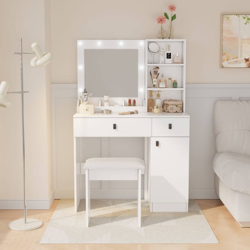 White Makeup Vanity Desk with 3 Brightness Levels, Ample Storage, and Sleek Modern Design for Bedrooms - White